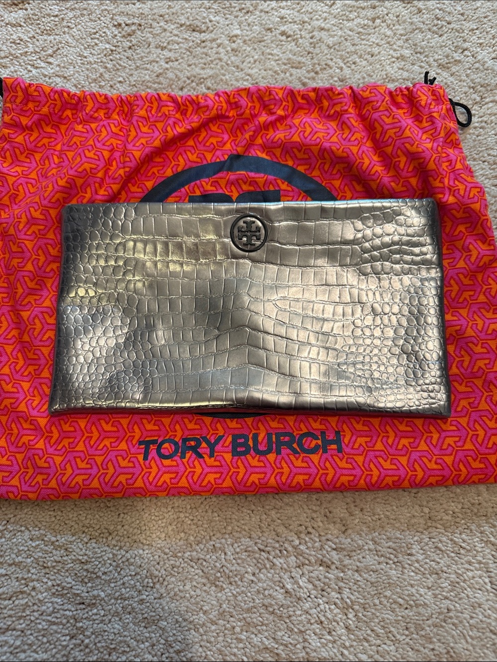Tory Burch Silver Croc-Embossed Metallic Clutch